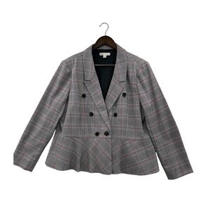 Cato Blazer Women XL Grey Pink Plaid Excellent Double Breasted Peplum Jacket
